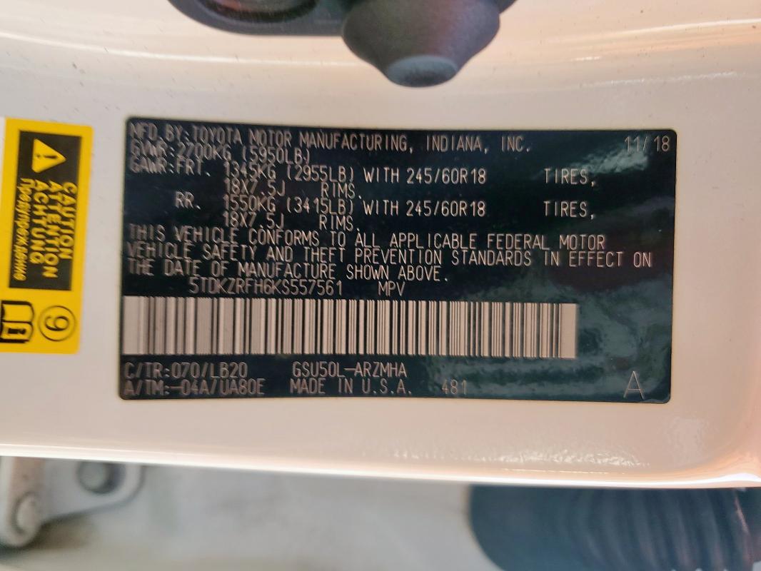 5TDKZRFH6KS557561 - 2019 TOYOTA HIGHLANDER SE თეთრი ფოტო 13