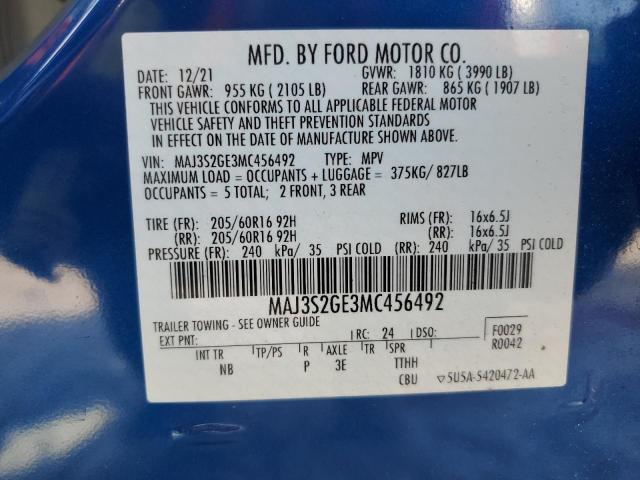 MAJ3S2GE3MC456492 - 2021 FORD ECOSPORT SE ლურჯი ფოტო 13