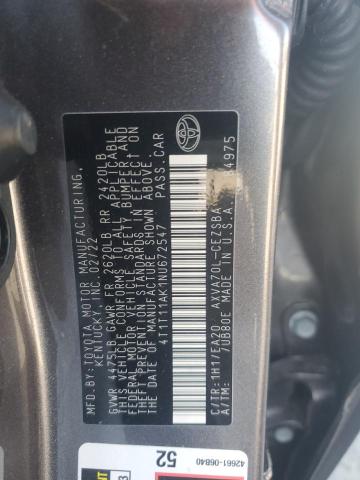 4T1T11AK1NU672547 - 2022 TOYOTA CAMRY SE GRAY photo 12