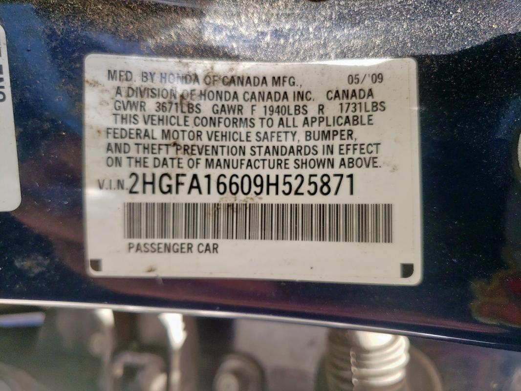 2HGFA16609H525871 - 2009 HONDA CIVIC LX-S Mavi foto 12