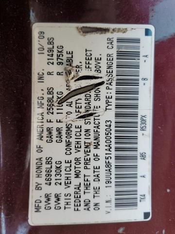 19UUA8F51AA005043 - 2010 ACURA TL ბურგუნდია ფოტო 12