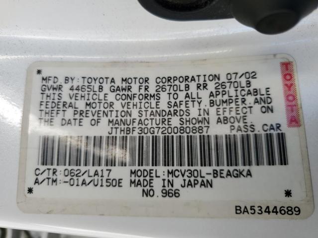 JTHBF30G720080887 - 2002 LEXUS ES 300 WHITE photo 12