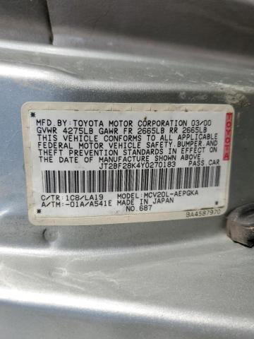 JT2BF28K4Y0270183 - 2000 TOYOTA CAMRY LE SILVER photo 12