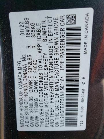 2HGFE2F51NH563184 - 2022 HONDA CIVIC SPORT 石墨色 照片 12