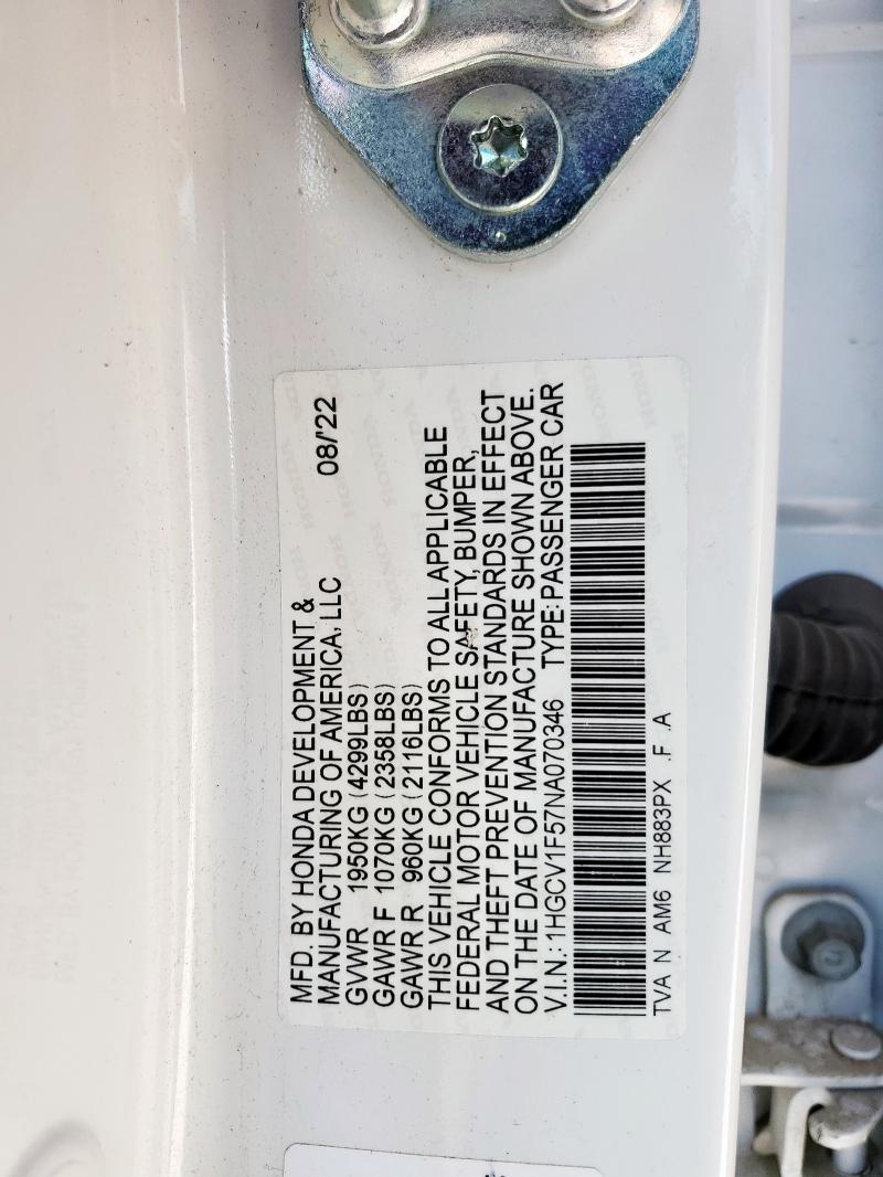 1HGCV1F57NA070346 - 2022 HONDA ACCORD EXL 白色 照片 12