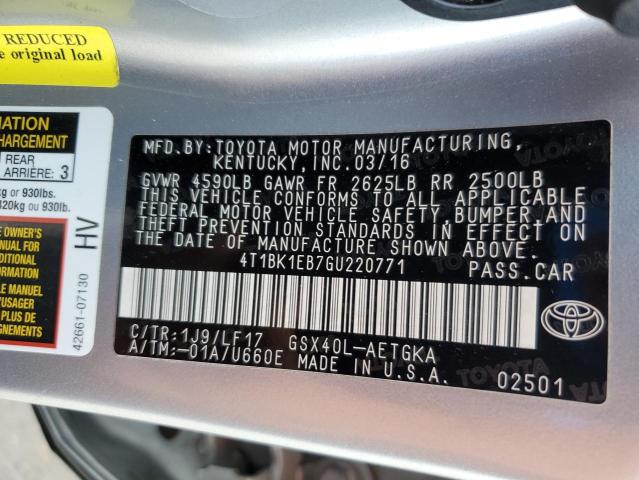 4T1BK1EB7GU220771 - 2016 TOYOTA AVALON XLE 银色 照片 12