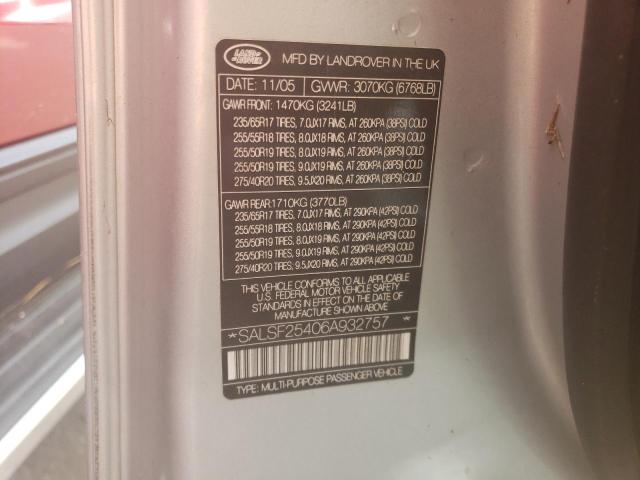 SALSF25406A932757 - 2006 LAND ROVER RANGE ROVE HSE SILVER photo 10