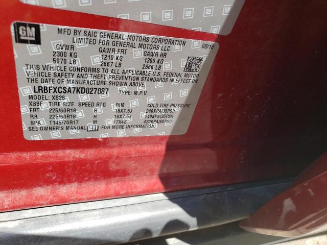 LRBFXCSA7KD027087 - 2019 BUICK ENVISION ESSENCE Bordo fotoğraf 12