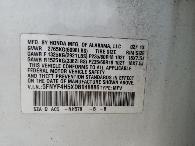 5FNYF4H5XDB046886 - 2013 HONDA PILOT EXL WHITE photo 14