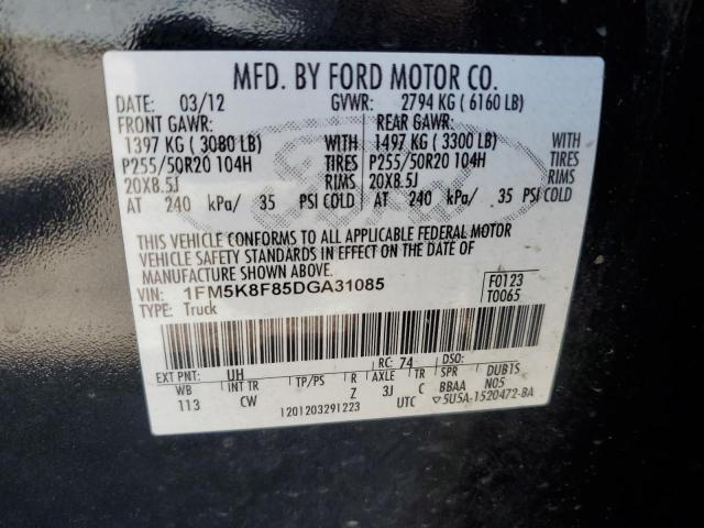 1FM5K8F85DGA31085 - 2013 FORD EXPLORER LIMITED BLACK photo 12