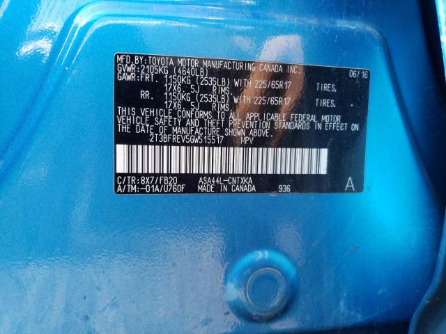 2T3BFREV5GW515517 - 2016 TOYOTA RAV4 LE BLUE photo 12