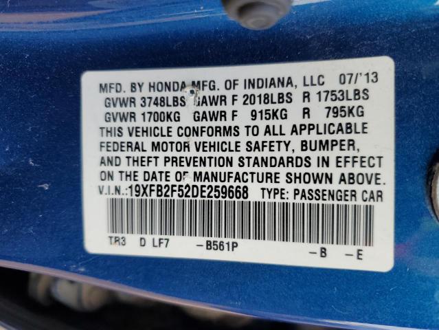 19XFB2F52DE259668 - 2013 HONDA CIVIC LX BLUE photo 12