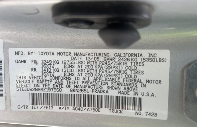 5TEJU62N96Z197960 - 2006 TOYOTA TACOMA DOUBLE CAB PRERUNNER SILVER photo 10