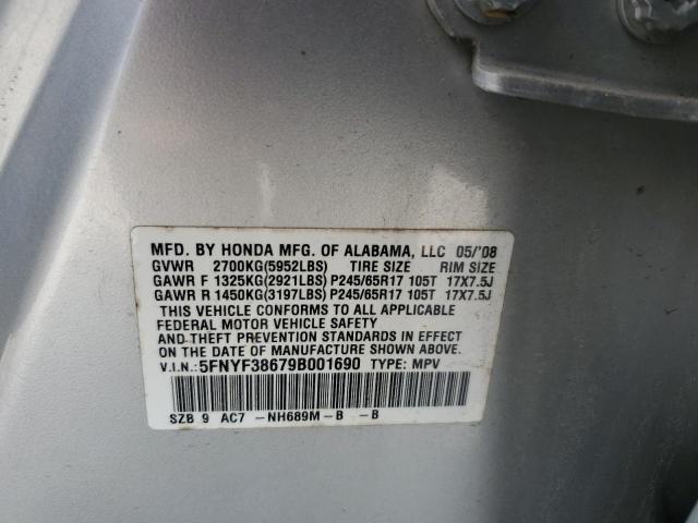 5FNYF38679B001690 - 2009 HONDA PILOT EXL SILVER photo 12