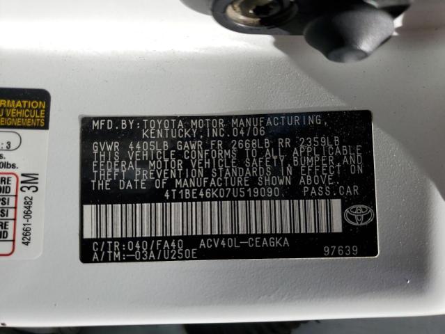 4T1BE46K07U519090 - 2007 TOYOTA CAMRY CE WHITE photo 12