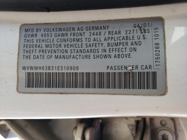 WVWWH63B31E310909 - 2001 VOLKSWAGEN PASSAT GLX WHITE photo 12