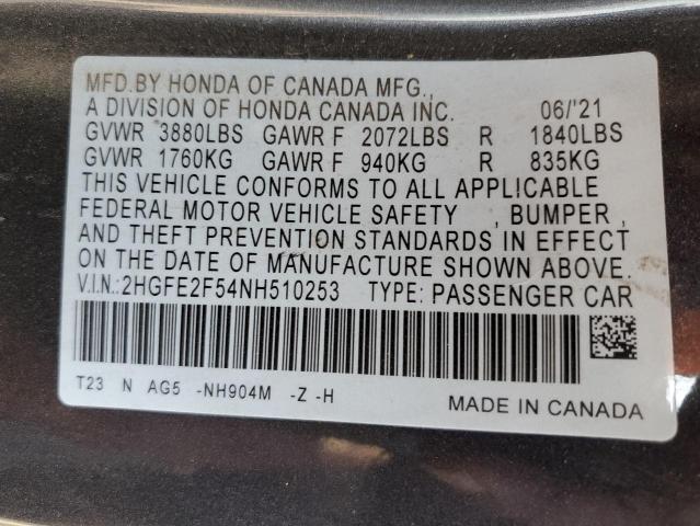 2HGFE2F54NH510253 - 2022 HONDA CIVIC SPORT გრაფიტი ფოტო 12