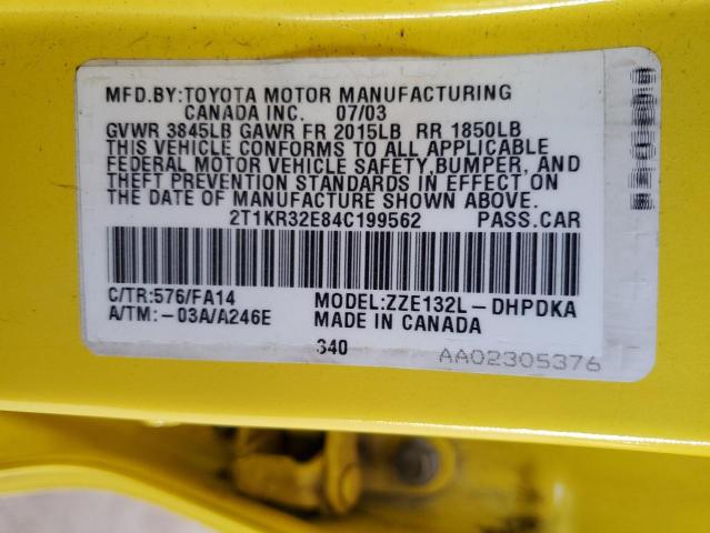 2T1KR32E84C199562 - 2004 TOYOTA COROLLA MA XR YELLOW photo 12