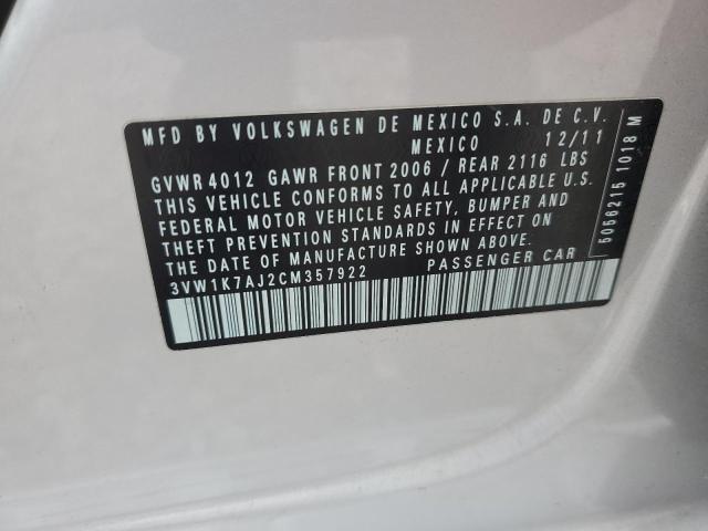 3VW1K7AJ2CM357922 - 2012 VOLKSWAGEN JETTA BASE 银色 照片 12