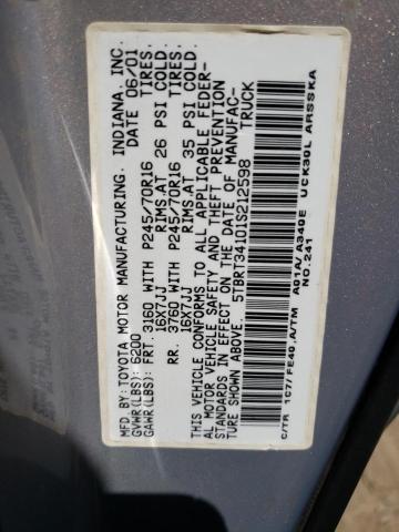 5TBRT34101S212598 - 2001 TOYOTA TUNDRA ACCESS CAB 银色 照片 12