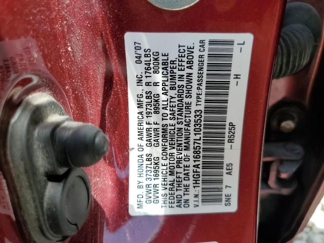 1HGFA16857L103533 - 2007 HONDA CIVIC EX RED photo 12