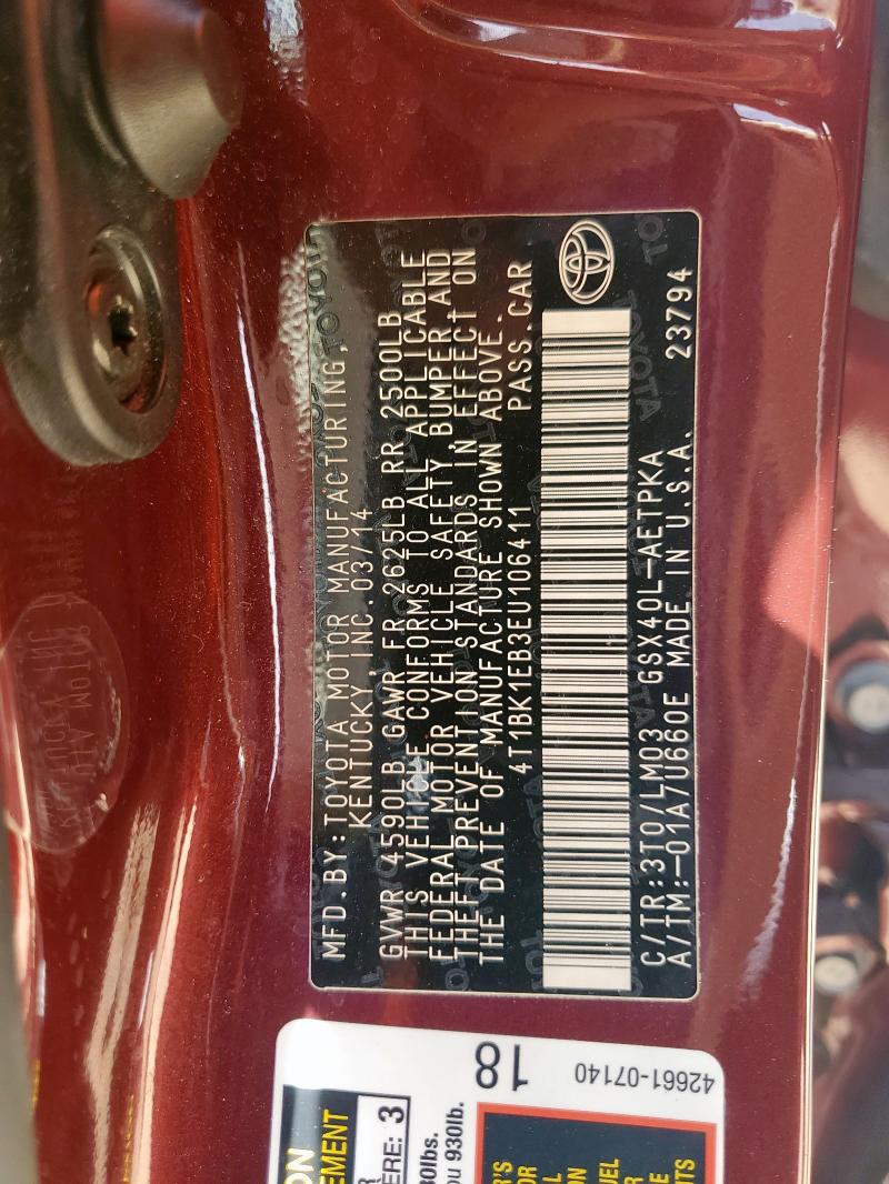 4T1BK1EB3EU106411 - 2014 TOYOTA AVALON BASE BURGUNDY photo 12