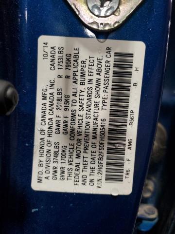 2HGFB2F50FH505416 - 2015 HONDA CIVIC LX BLUE photo 13