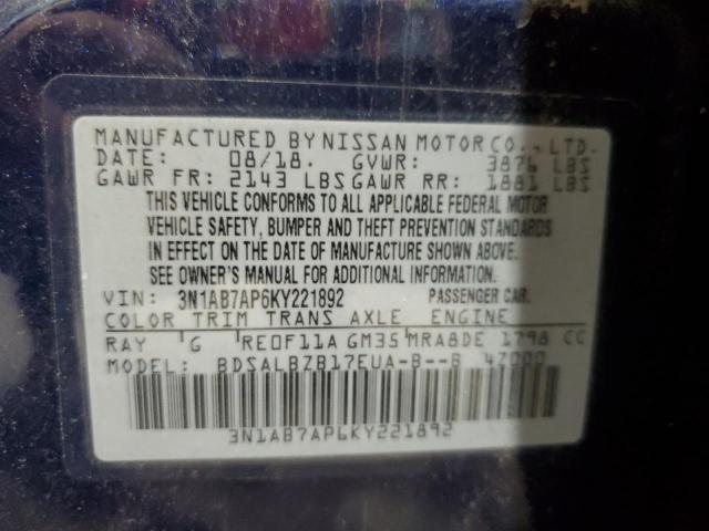 3N1AB7AP6KY221892 - 2019 NISSAN SENTRA S 蓝色 照片 13