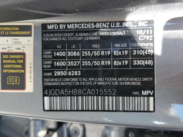 4JGDA5HB8CA015552 - 2012 MERCEDES-BENZ ML 350 4MATIC GRAY photo 12