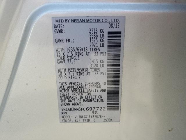 5N1AR2MM5FC697722 - 2015 NISSAN PATHFINDER S SILVER photo 14