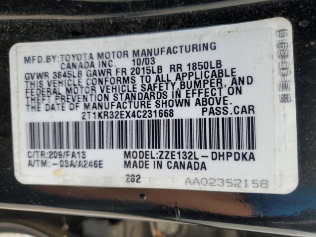 2T1KR32EX4C231668 - 2004 TOYOTA COROLLA MA XR BLACK photo 12