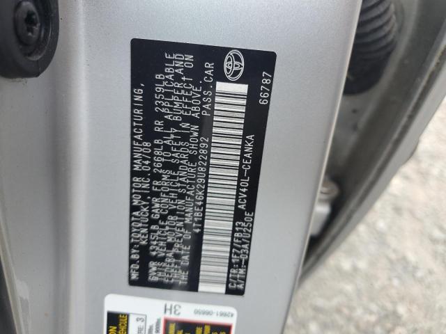 4T1BE46K29U822892 - 2009 TOYOTA CAMRY BASE SILVER photo 12