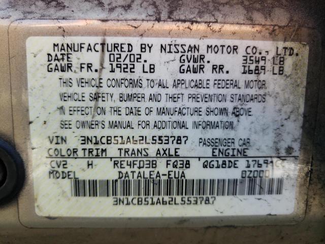 3N1CB51A62L553787 - 2002 NISSAN SENTRA GXE BEIGE photo 12