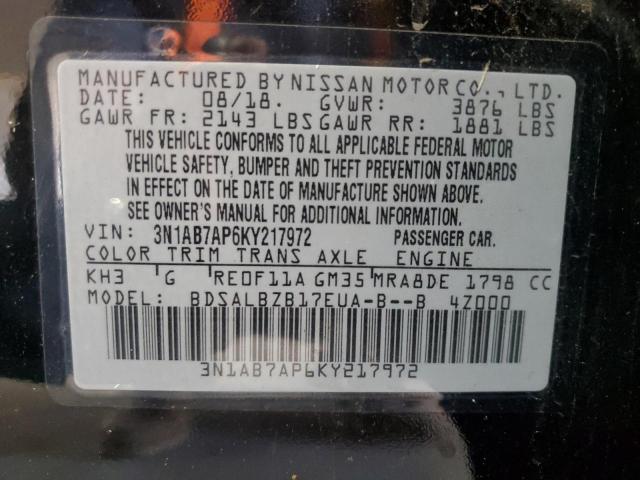 3N1AB7AP6KY217972 - 2019 NISSAN SENTRA S BLACK photo 12