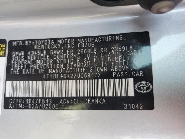 4T1BE46K27U068177 - 2007 TOYOTA CAMRY CE SILVER photo 12