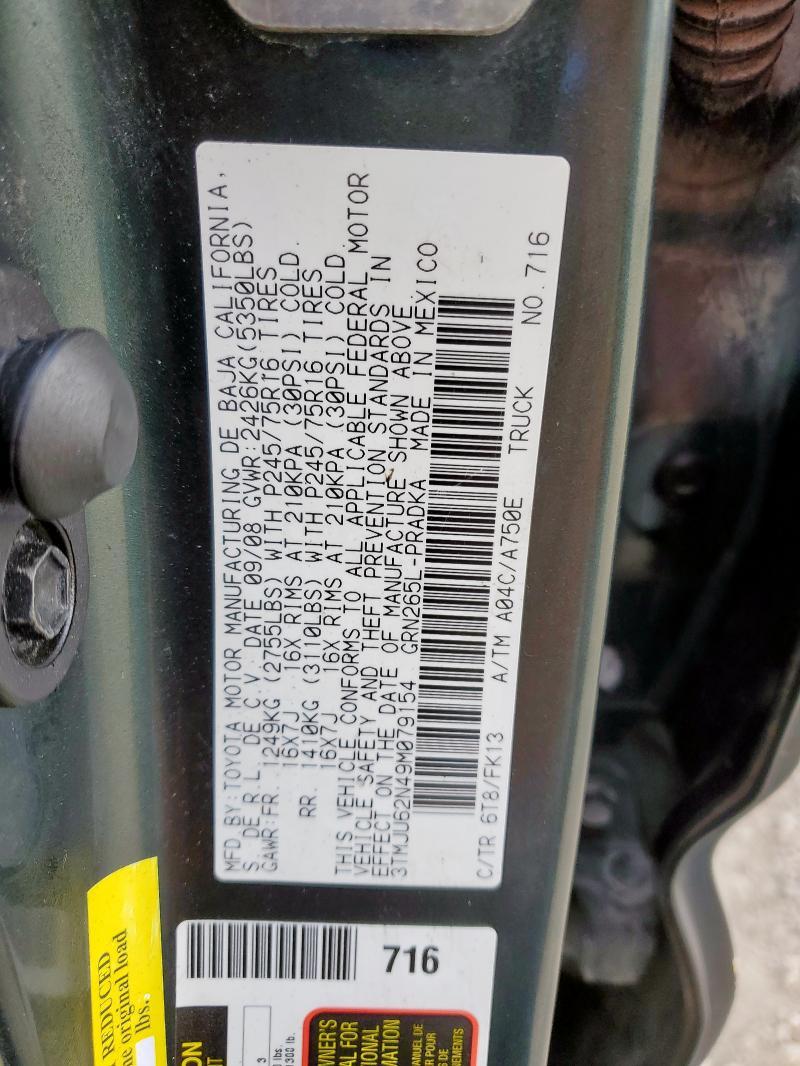 3TMJU62N49M079154 - 2009 TOYOTA TACOMA DOUBLE CAB PRERUNNER GREEN photo 12