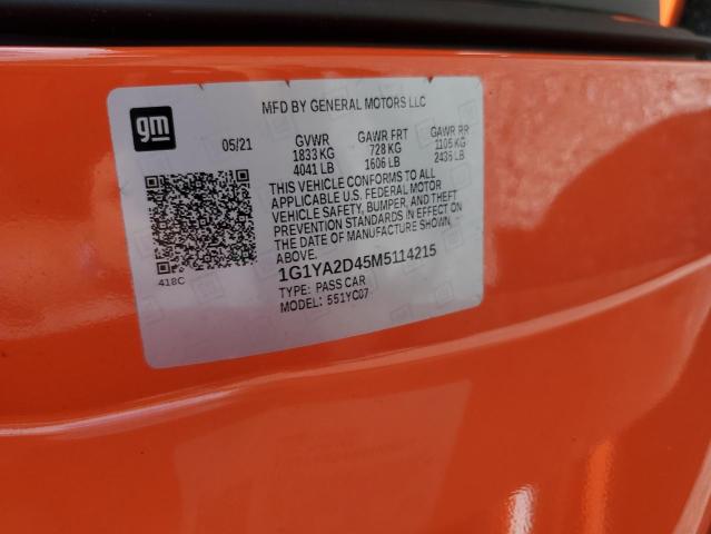 1G1YA2D45M5114215 - 2021 CHEVROLET CORVETTE STINGRAY 1LT ORANGE photo 12