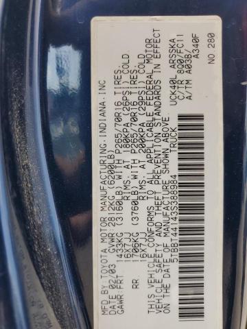 5TBBT44143S388984 - 2003 TOYOTA TUNDRA ACCESS CAB SR5 BLUE photo 12