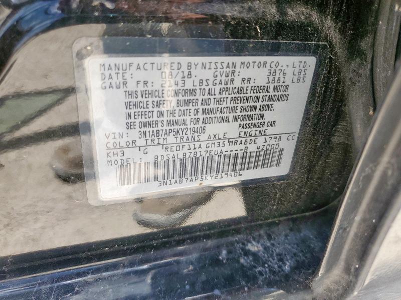 3N1AB7AP5KY219406 - 2019 NISSAN SENTRA S BLACK photo 12