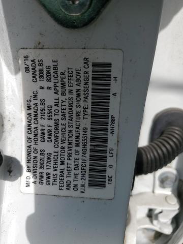 2HGFC1F74GH655149 - 2016 HONDA CIVIC EXL WHITE photo 13