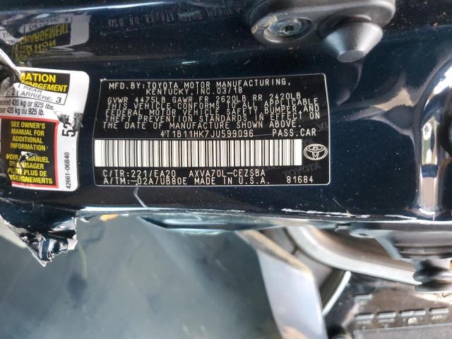 4T1B11HK7JU599096 - 2018 TOYOTA CAMRY L BLUE photo 13