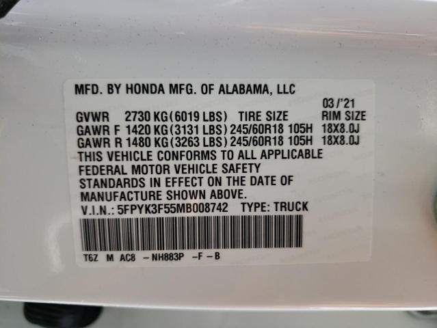 5FPYK3F55MB008742 - 2021 HONDA RIDGELINE RTL WHITE photo 13