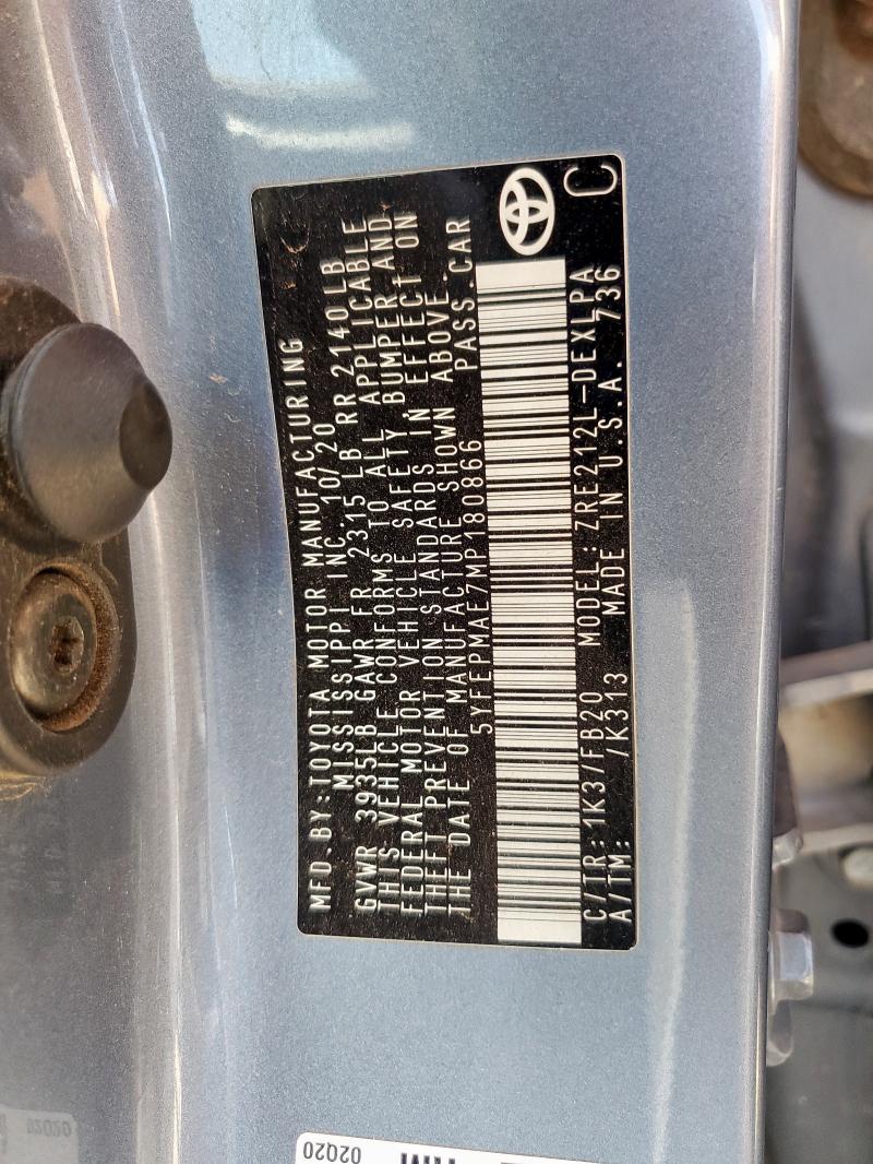 5YFEPMAE7MP180866 - 2021 TOYOTA COROLLA LE 蓝色 照片 12