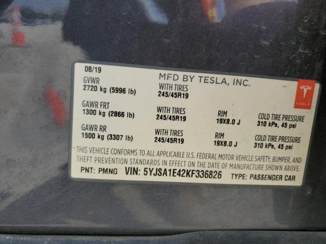 5YJSA1E42KF336826 - 2019 TESLA MODEL S Серебристый фото 13