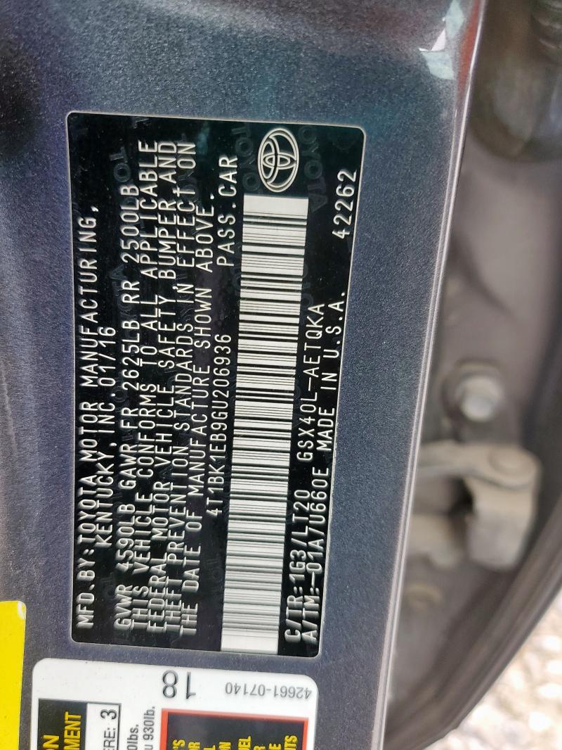 4T1BK1EB9GU206936 - 2016 TOYOTA AVALON XLE GRAY photo 12