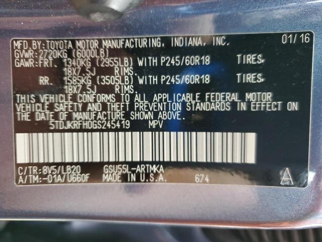 5TDJKRFH0GS245419 - 2016 TOYOTA HIGHLANDER XLE BLUE photo 14