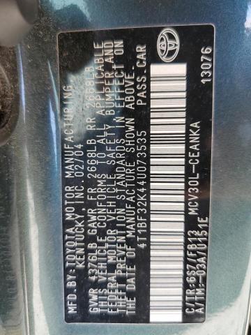 4T1BF32K44U073535 - 2004 TOYOTA CAMRY LE GREEN photo 12