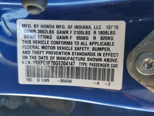 19XFC1F70GE204147 - 2016 HONDA CIVIC EXL ლურჯი ფოტო 12