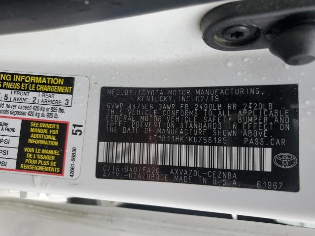 4T1B11HK1KU756185 - 2019 TOYOTA CAMRY L WHITE photo 12