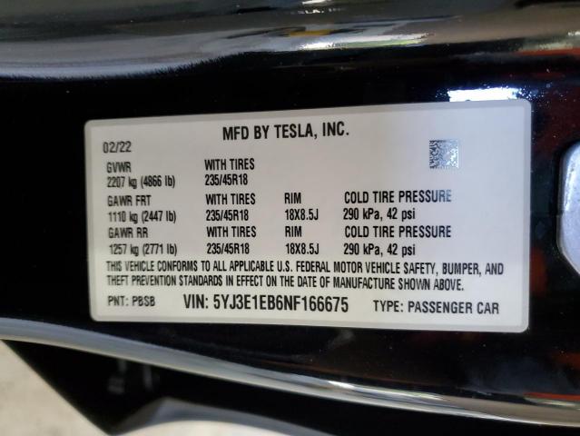 5YJ3E1EB6NF166675 - 2022 TESLA MODEL 3 Noir photo 12